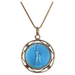 Retro 18 Karat Gold St. Anne D’Auray Blue Enamel Medallion Pendant Necklace