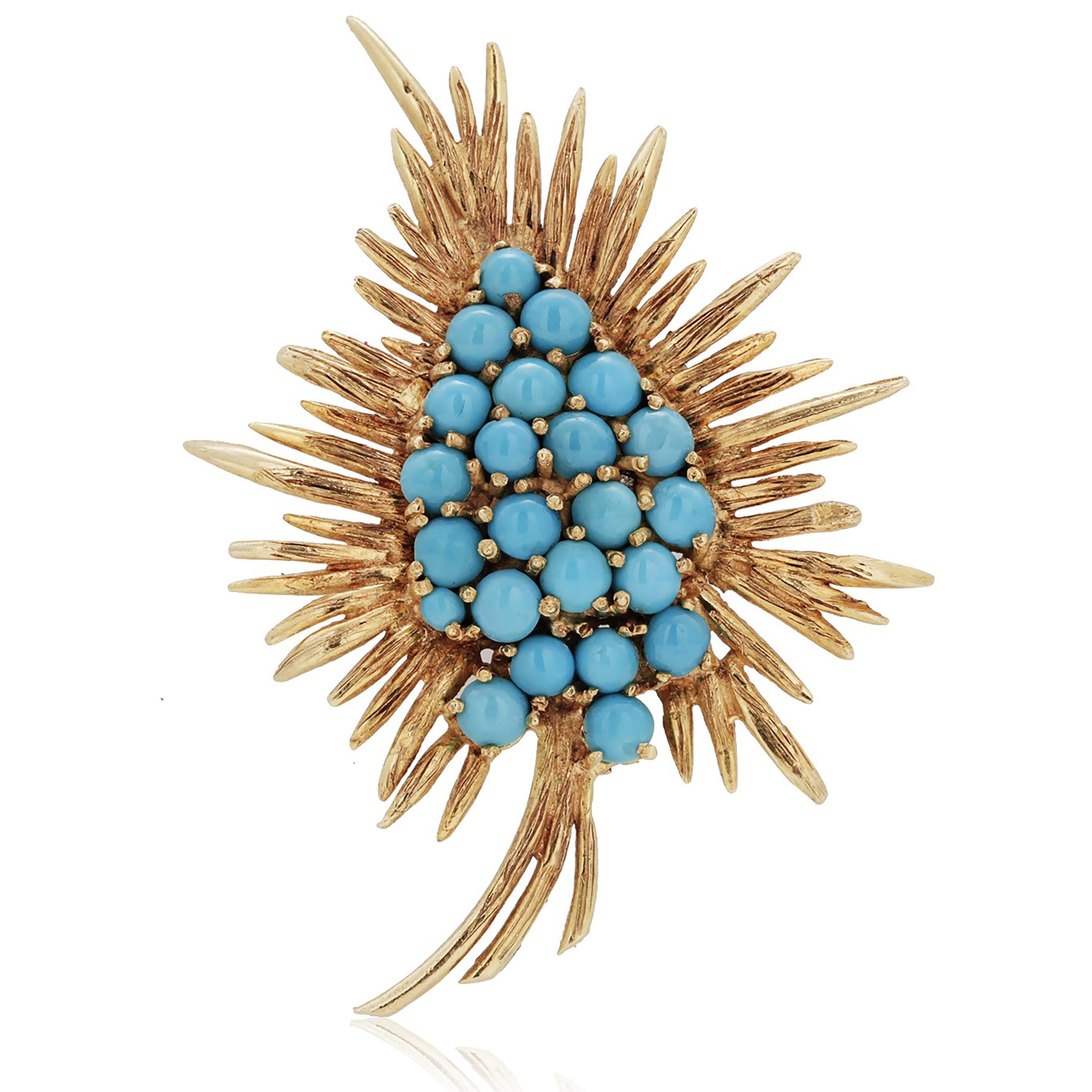 Round Cut Vintage 18 Karat Gold Turquoise Cluster Brutalist Style Leaf 2.12 Inch Brooch