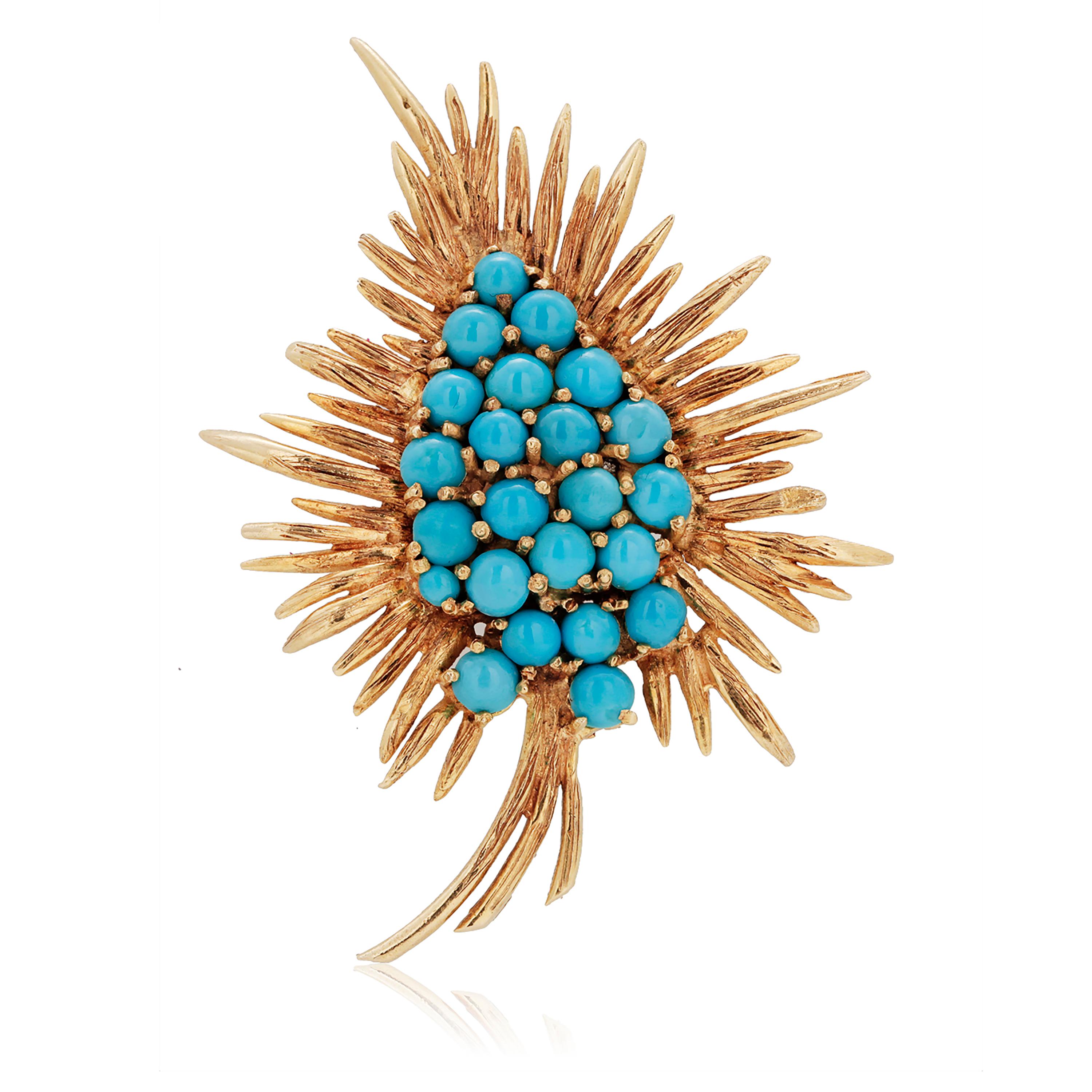 Women's or Men's Vintage 18 Karat Gold Turquoise Cluster Brutalist Style Leaf 2.12 Inch Brooch