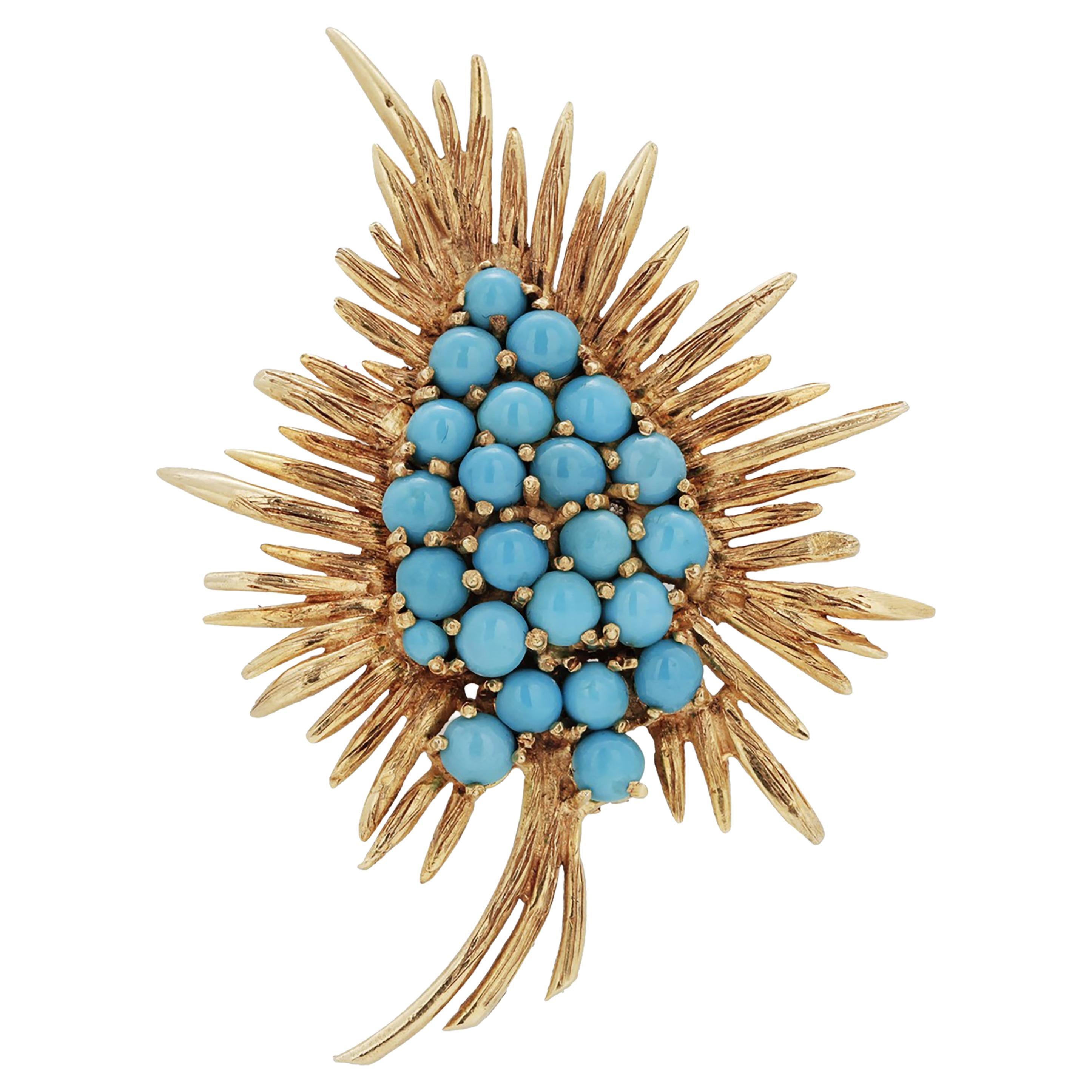 Vintage 18 Karat Gold Turquoise Cluster Brutalist Style Leaf 2.12 Inch Brooch