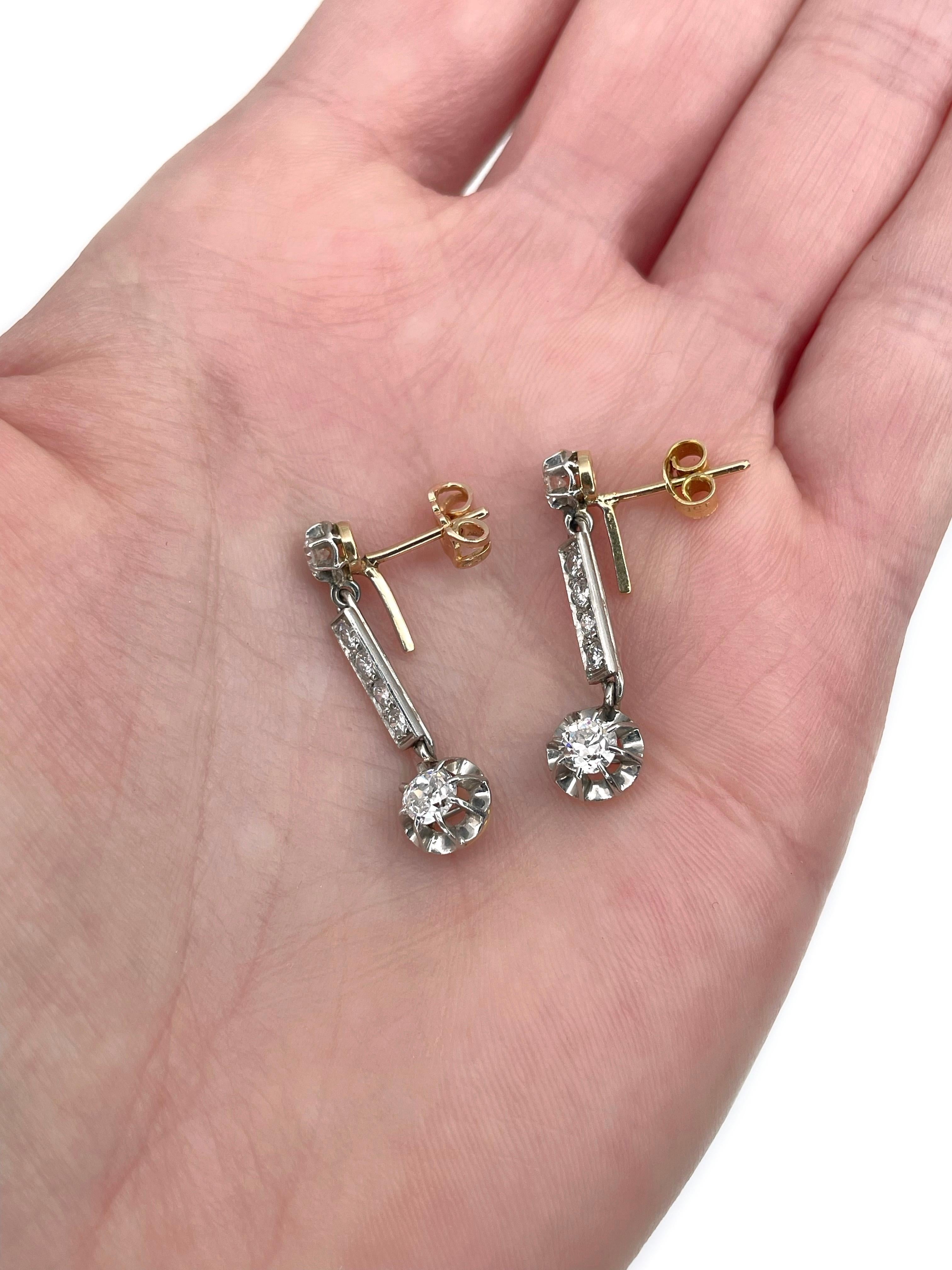 Round Cut Vintage 18 Karat Gold TW 0.92 Carat Diamond Drop Stud Earrings