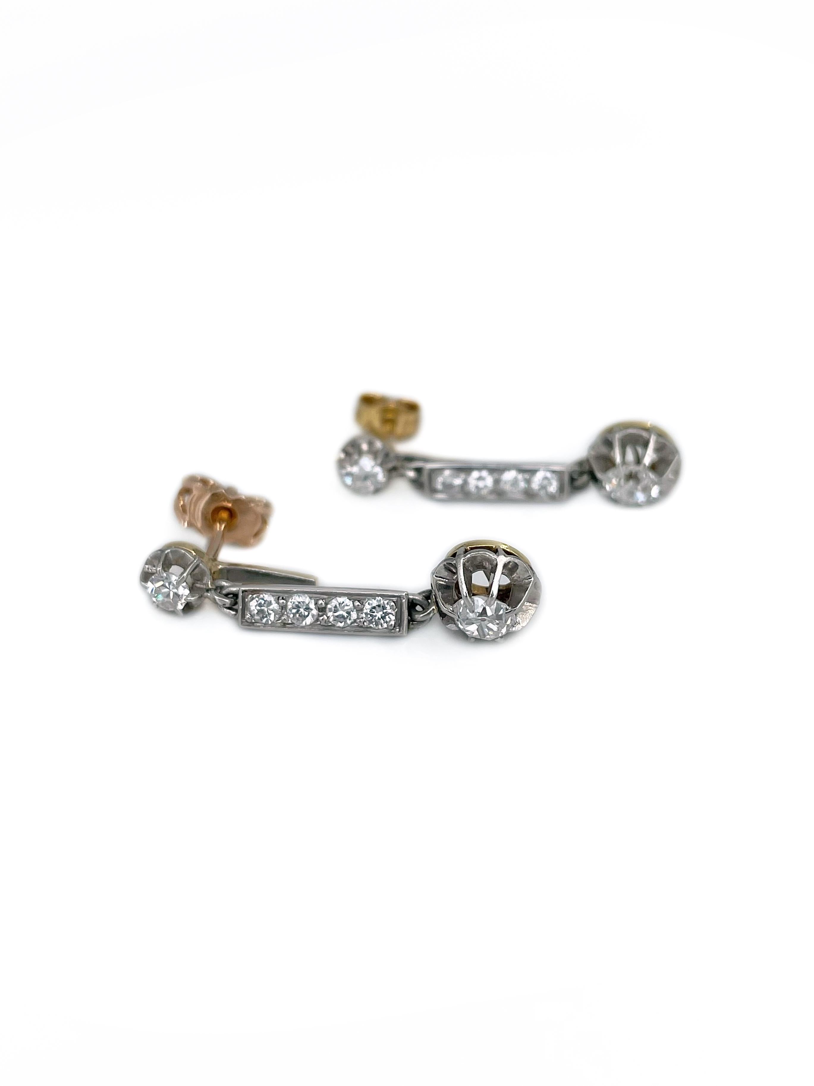 Vintage 18 Karat Gold TW 0.92 Carat Diamond Drop Stud Earrings In Good Condition In Vilnius, Vilniaus apskr.