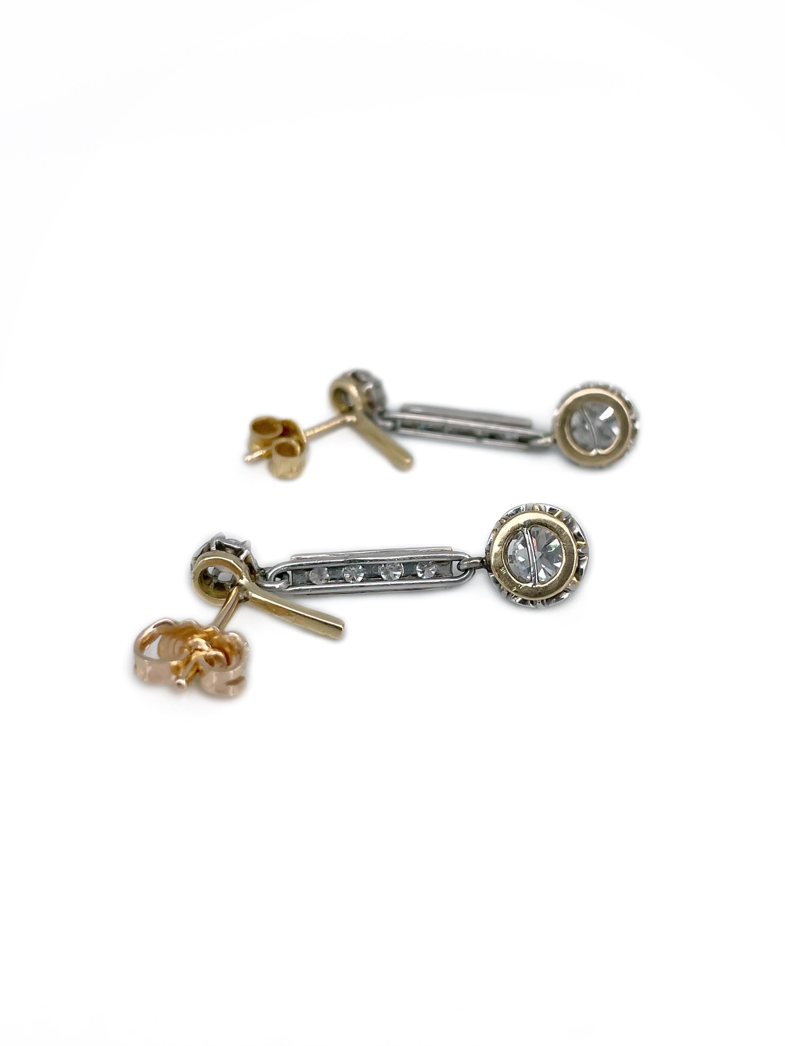 Women's Vintage 18 Karat Gold TW 0.92 Carat Diamond Drop Stud Earrings