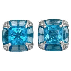 Retro 18 Karat Gold TW 15.70 Carat Blue Topaz Diamond Square Stud Earrings