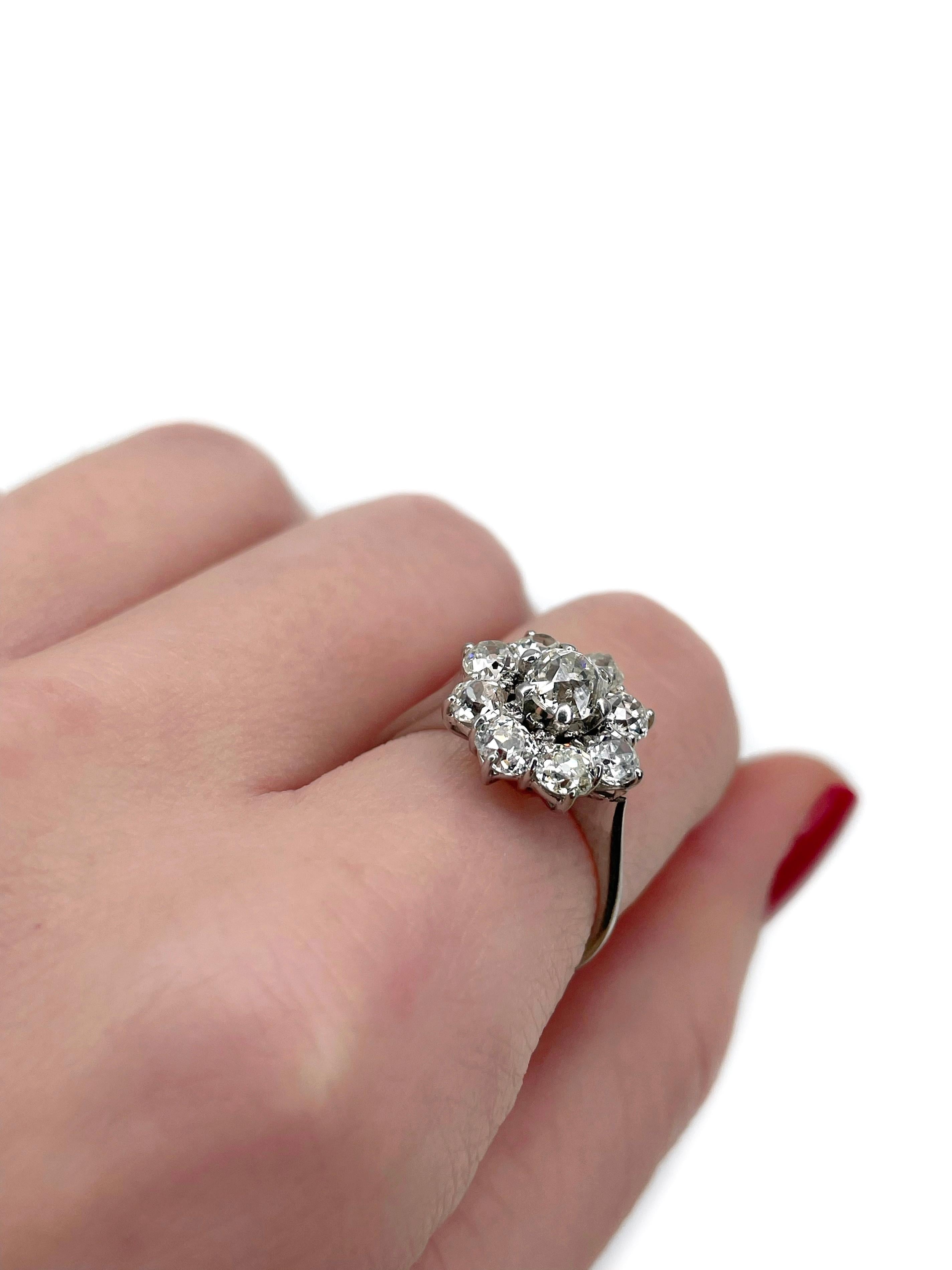18 Karat Gold TW ~ 1,85 Karat Diamant-Cluster-Ring mit alteuropäischem Minenschliff (Alteuropäischer Brillantschliff)