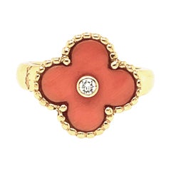 Retro 18 Karat Gold VCA Coral Alhambra Ring