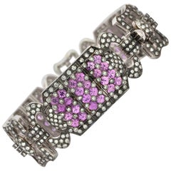 Bracelet vintage large en or 18 carats avec saphirs roses et diamants