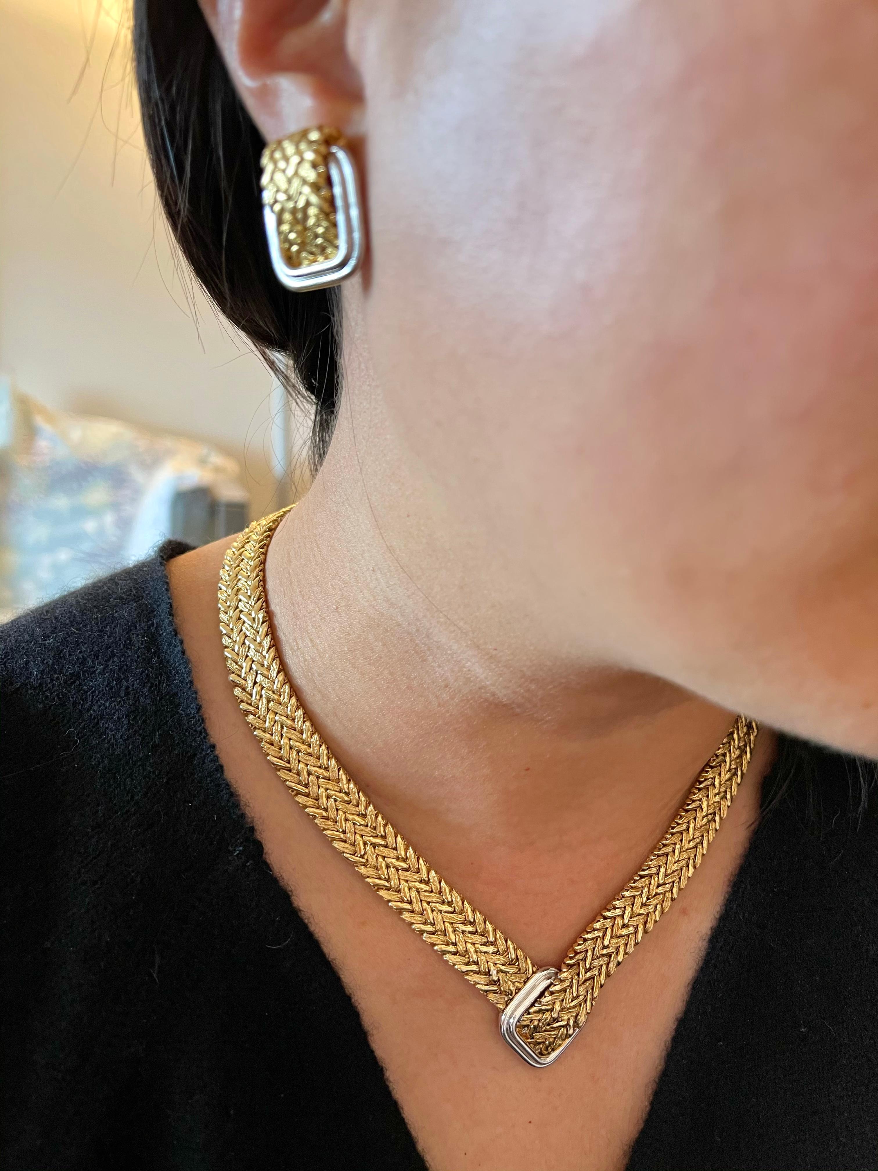 Women's or Men's Vintage 18 Karat Gold Woven Necklace and Earring Set by Georges L’Enfant