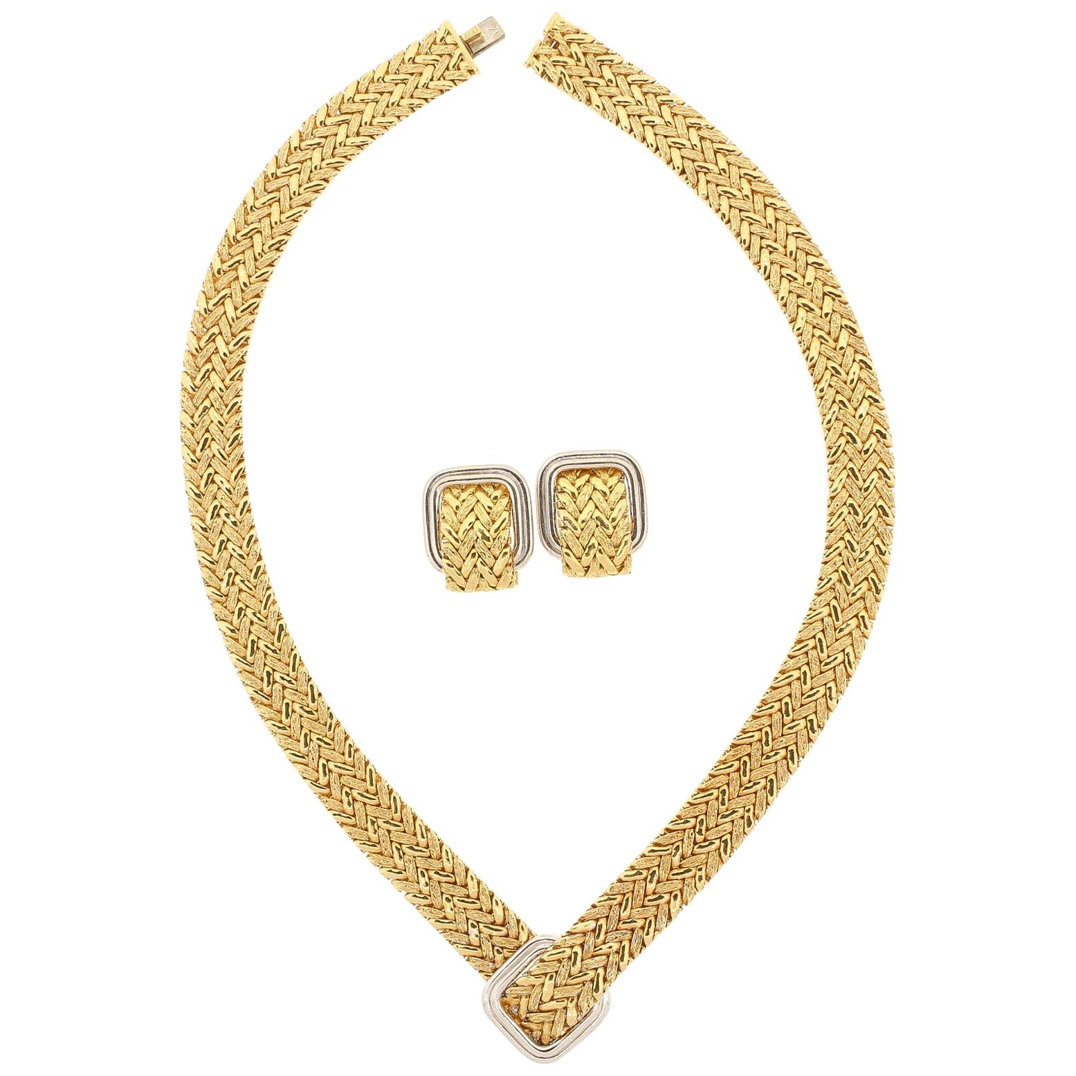 Vintage 18 Karat Gold Woven Necklace and Earring Set by Georges L’Enfant