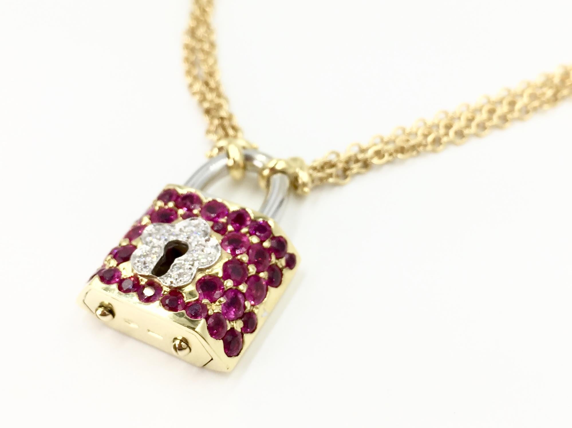 Round Cut Vintage 18 Karat Lock and Key Ruby and Diamond Necklace For Sale