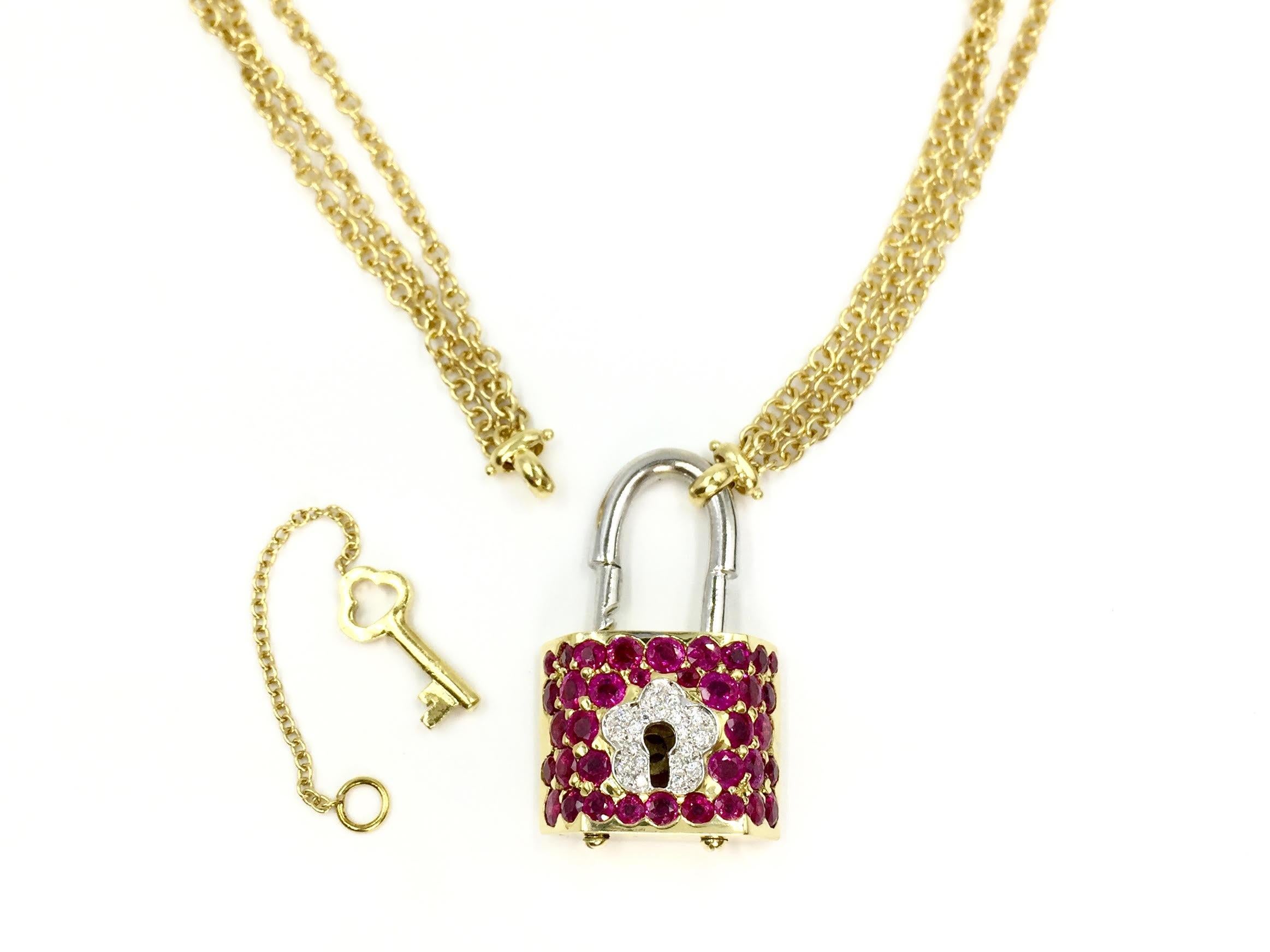 Vintage 18 Karat Lock and Key Ruby and Diamond Necklace In Excellent Condition For Sale In Pikesville, MD