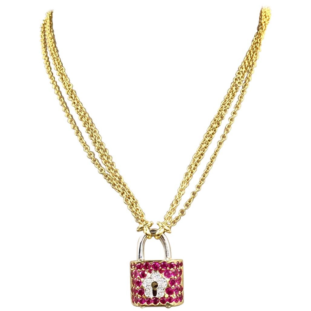 Vintage 18 Karat Lock and Key Ruby and Diamond Necklace For Sale