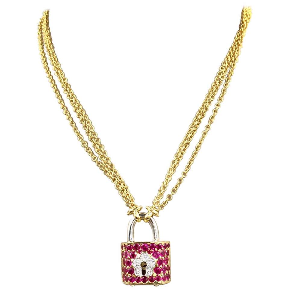 Vintage 18 Karat Lock and Key Ruby and Diamond Necklace For Sale at 1stDibs