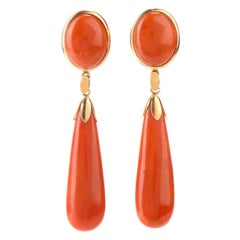 Vintage 18 Karat Natural Red Coral Teardrop Dangle Earrings