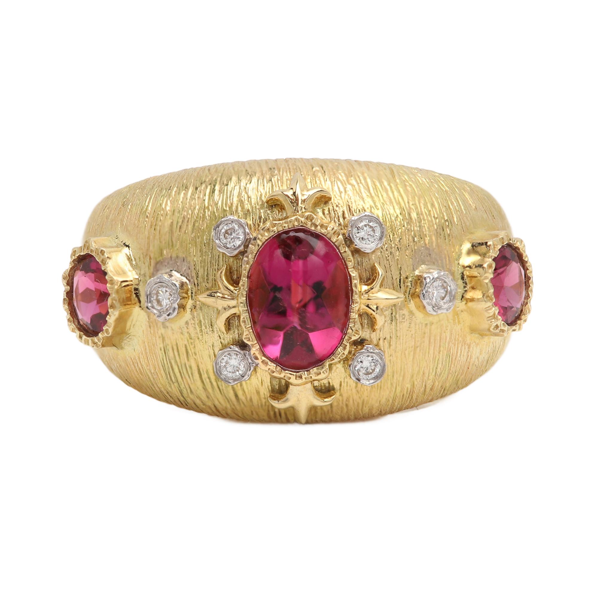 Vintage Lovely Gold Ring Band
Brilliant Colors of Natural Rhodolite Gemstones
18k Yellow Gold approx 8.30 grams
Finger size 6.75
Natural Red Rhodolite approx 1.26 carat (mix sizes)
Natural Diamonds  few small 0.07 carat
Width from the top is approx