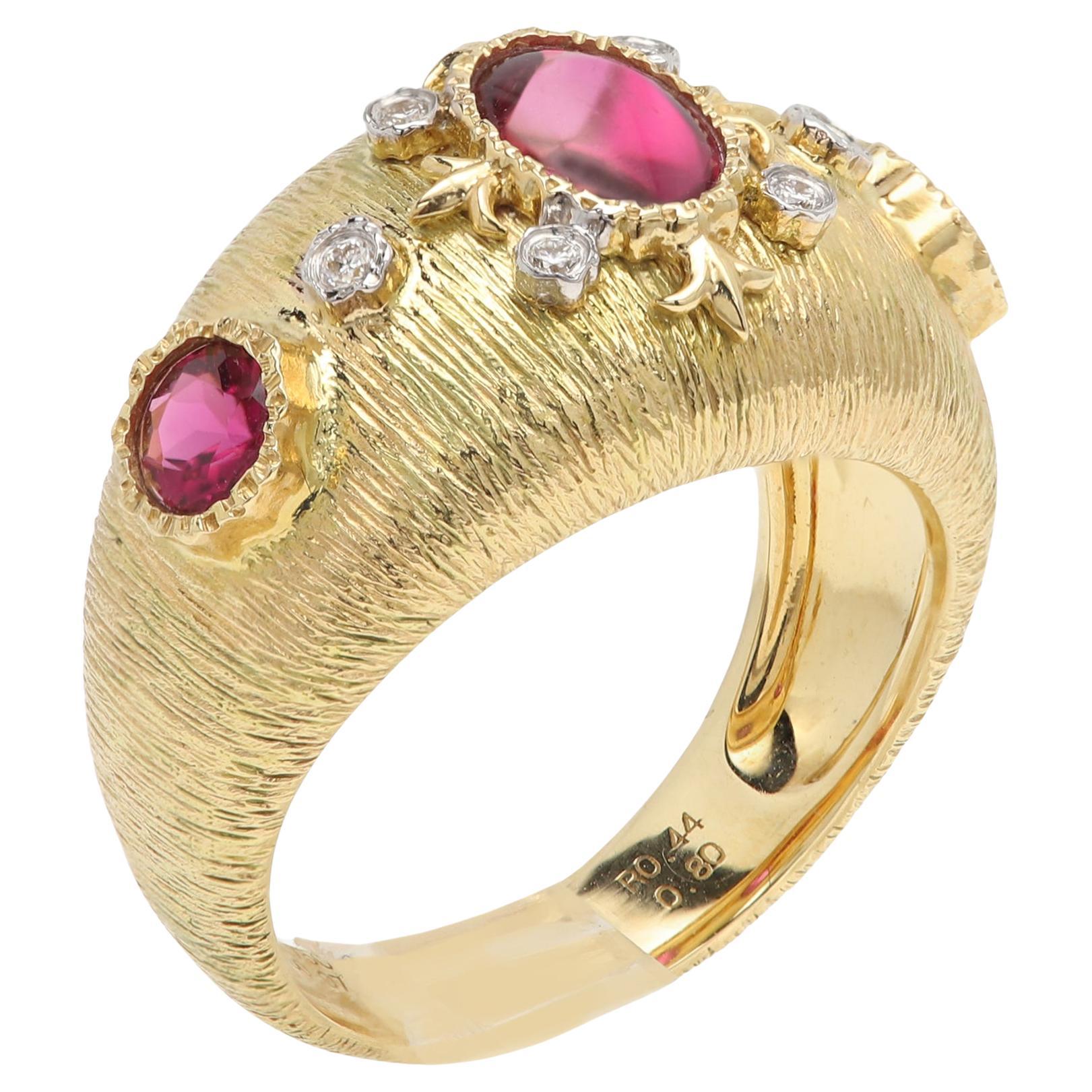 Vintage 18 Karat Rhodolite Ring  natural Red gems Solid yellow gold For Sale
