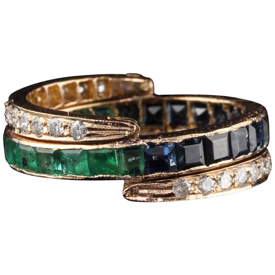 Vintage 18 Karat Rose Gold Diamond Sapphire and Emerald Flip Ring - Size 5.75