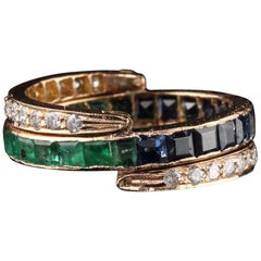 Retro 18 Karat Rose Gold Diamond Sapphire and Emerald Flip Ring - Size 5.75