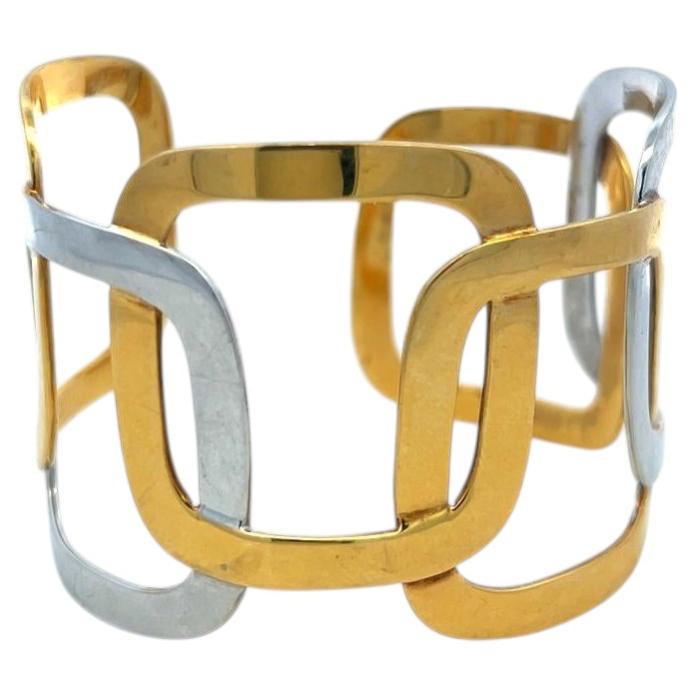 Vintage 18 Karat Two Tone Gold Wide Openwork Geometric Cuff Bracelet For Sale