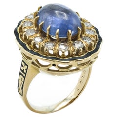 Vintage 18 Karat Victorian Style 6.1ct Sapphire Diamond and Enamel Cluster Ring