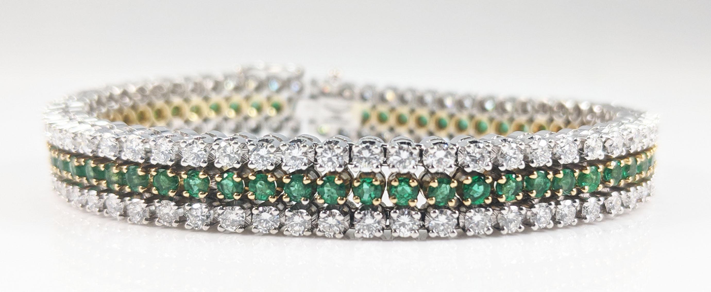 Retro Vintage 18 Karat White and Yellow Gold Diamond Emerald Line Bracelet