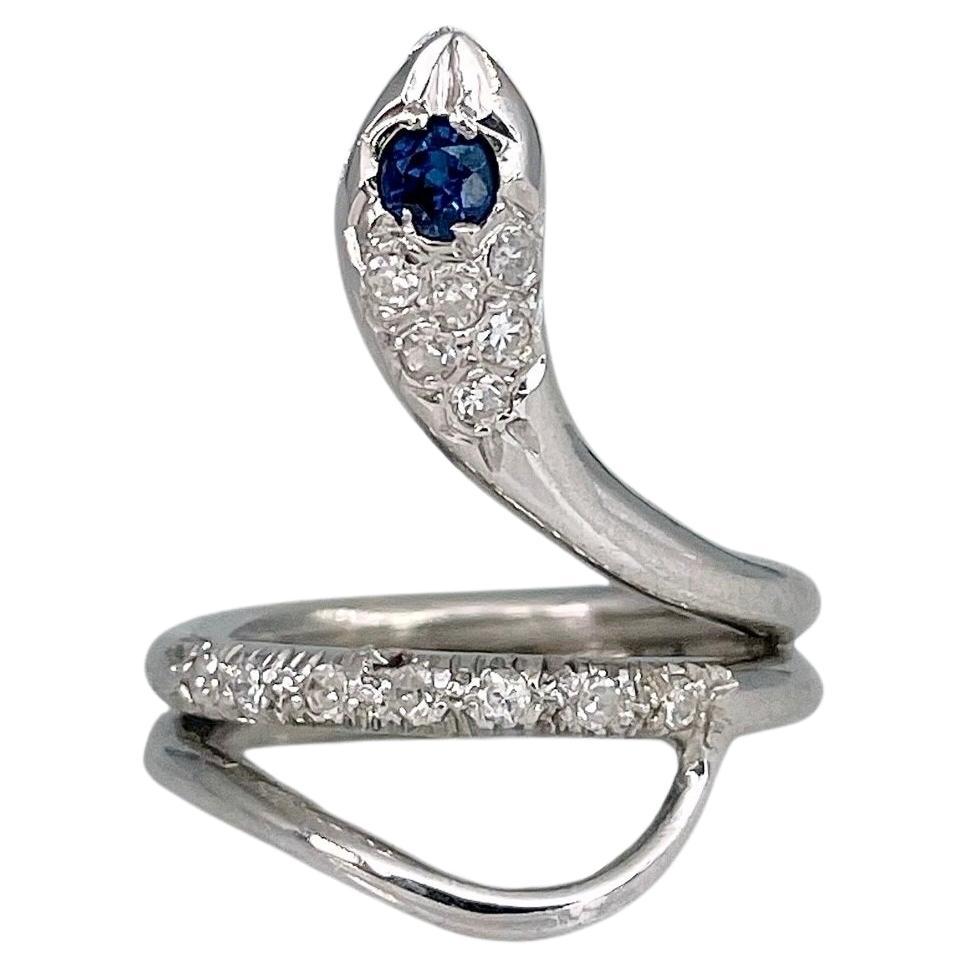 Vintage 18 Karat White Gold 0.15 Carat Sapphire 0.20 Carat Diamond Snake Ring For Sale