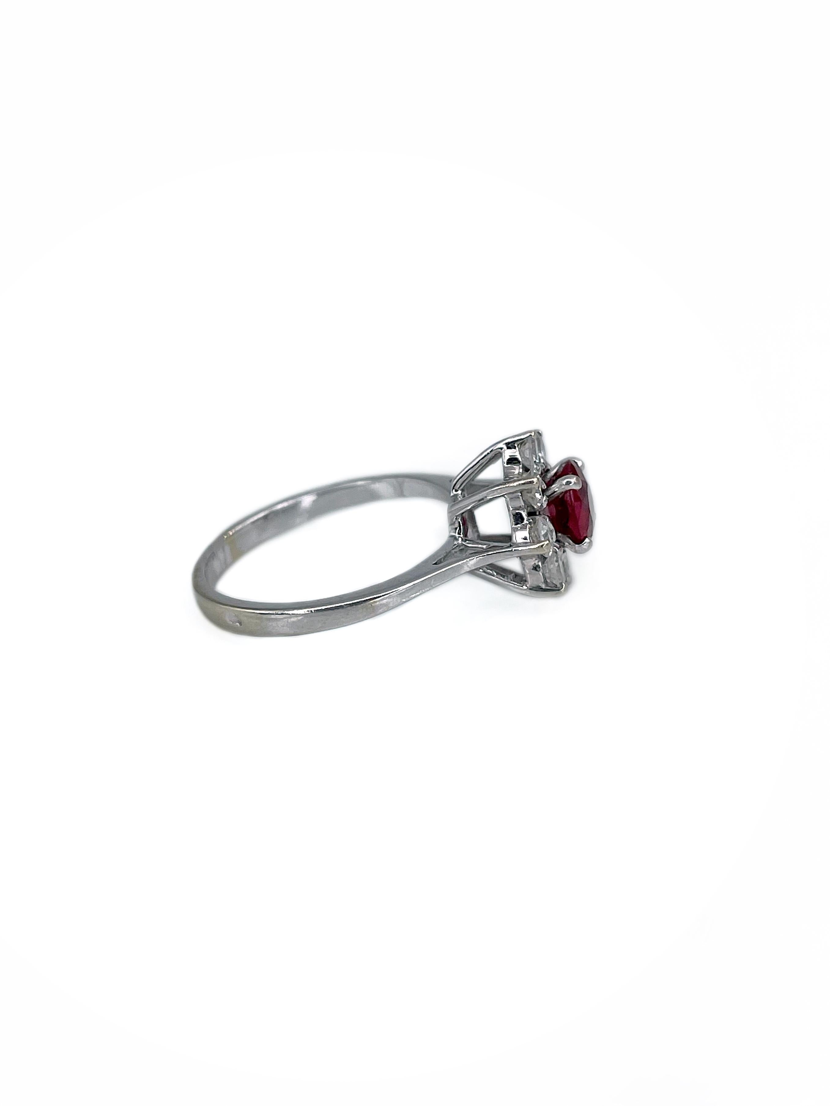 Round Cut Vintage 18 Karat White Gold 0.60 Carat Ruby 0.32 Carat Diamond Cluster Ring For Sale