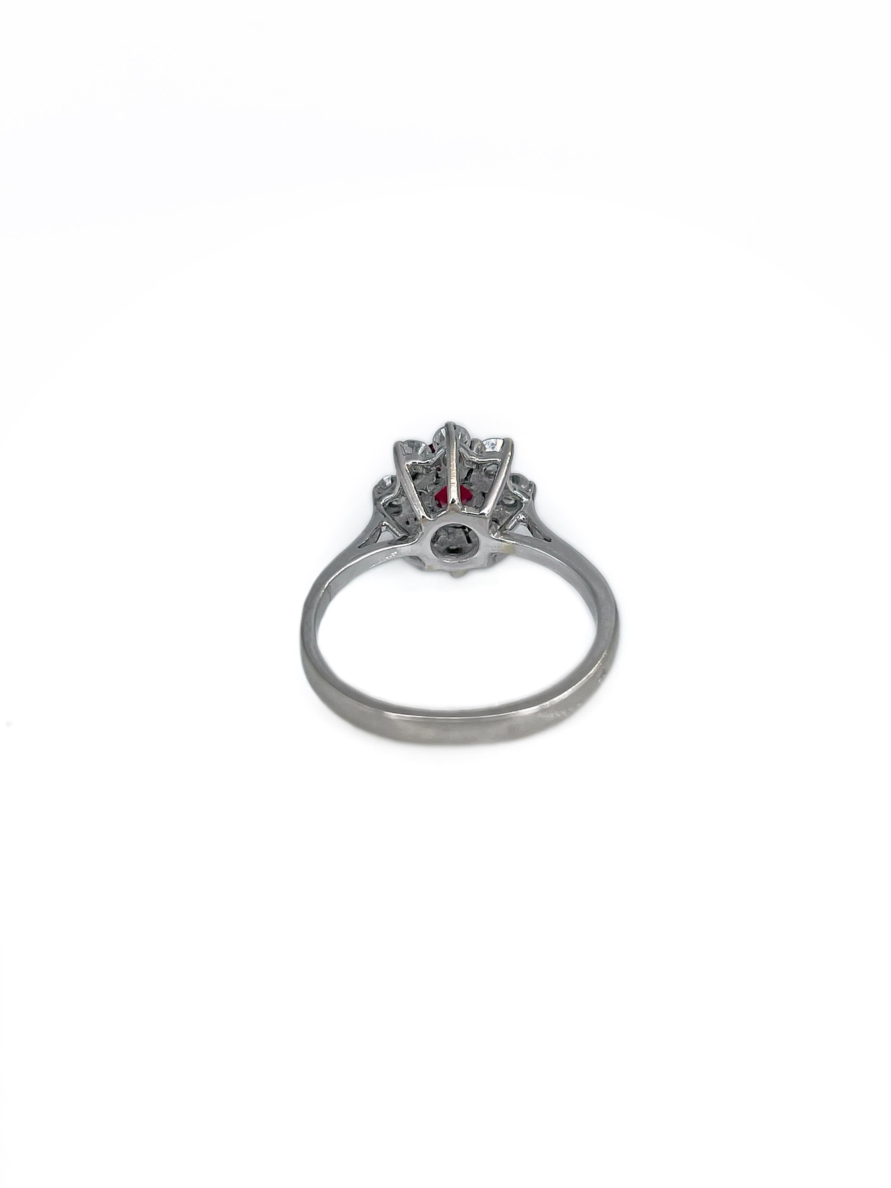 Vintage 18 Karat White Gold 0.60 Carat Ruby 0.32 Carat Diamond Cluster Ring In Good Condition For Sale In Vilnius, LT