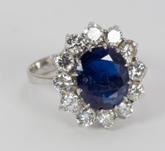 18 Karat White Gold, 3.5 Carat Sapphire and 2 Carat Diamond Cluster Ring, 1950s