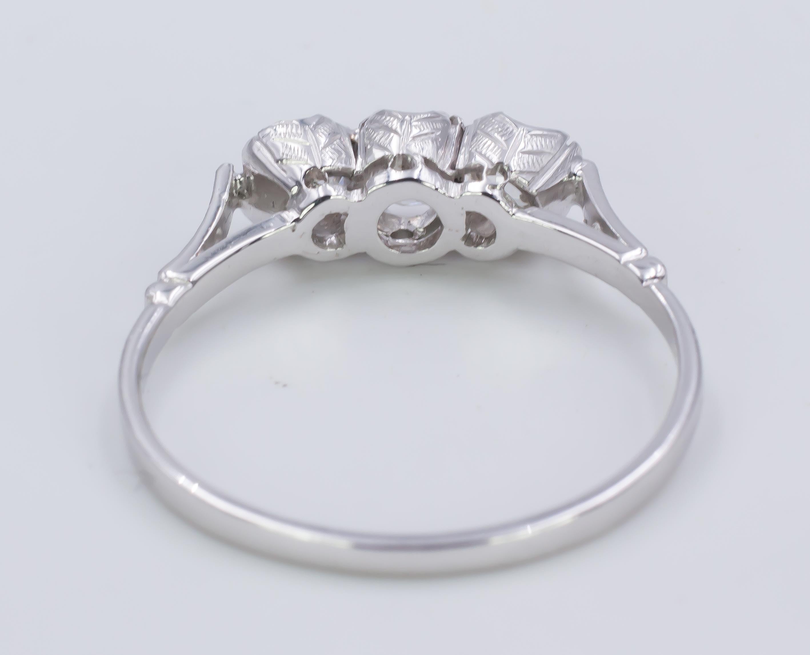 Old Mine Cut Vintage 18 Karat White Gold and 1.09 Carat Diamond Three-Stone Ring, 1950s