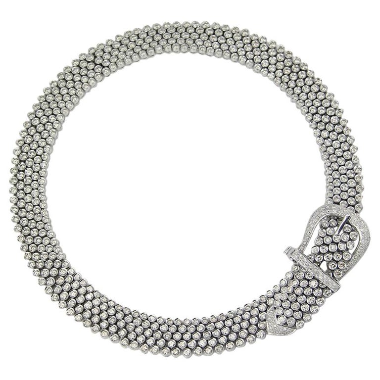 Vintage 18 Karat White Gold and Diamond Belt Buckle Collier Necklace Collar For Sale at 1stDibs