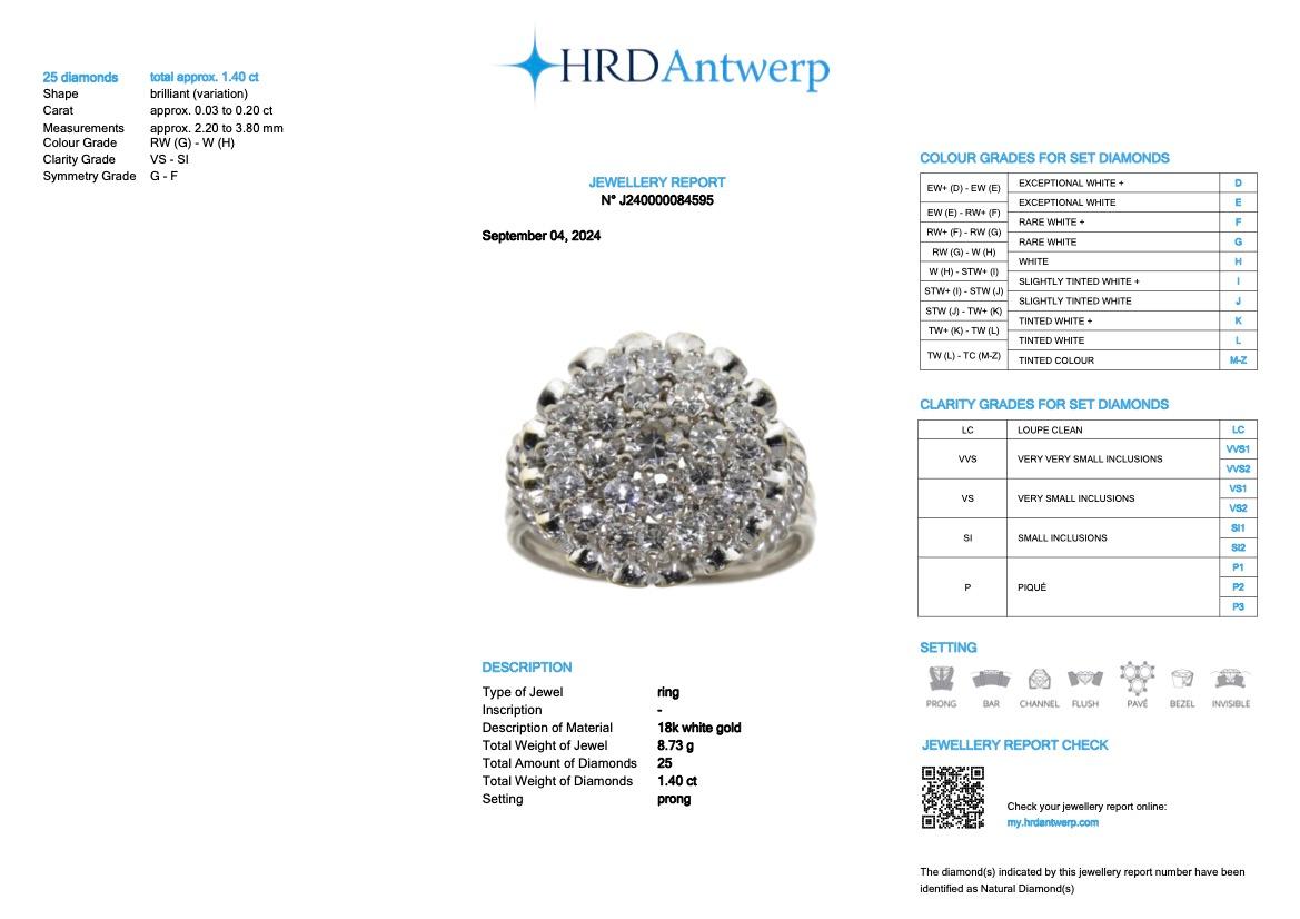 Bague cocktail vintage certifiée HRD en or blanc 18 carats et diamants en vente 9