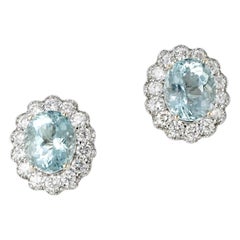 Vintage 18 Karat White Gold Aquamarine Diamond Cluster Earrings