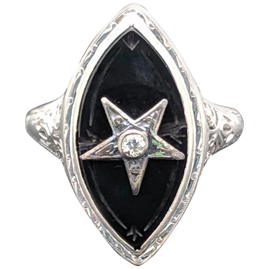 Vintage 18 Karat White Gold Black Onyx and Diamond Ring