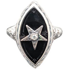 Vintage 18 Karat White Gold Black Onyx and Diamond Ring