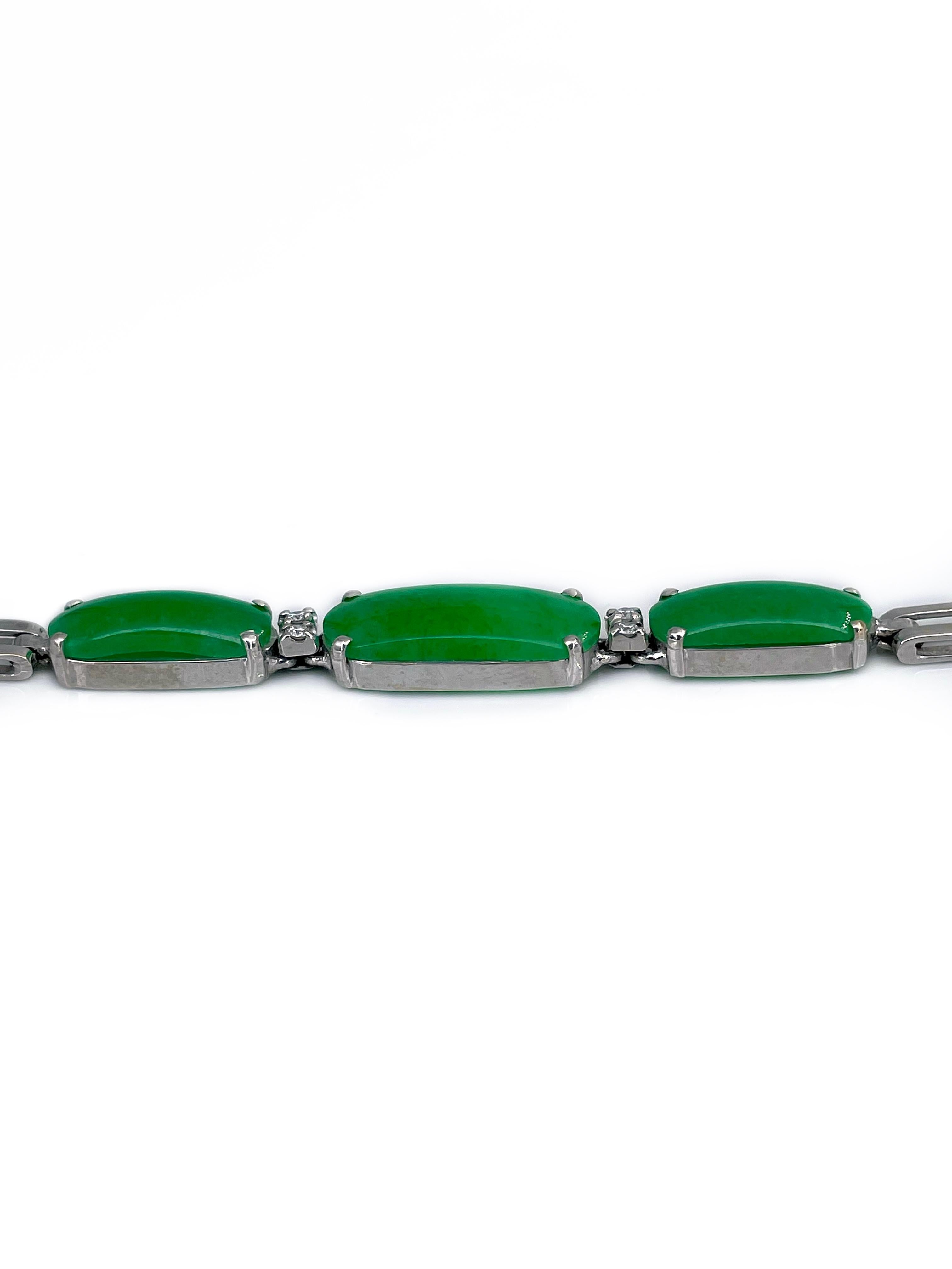 Modern Vintage 18 Karat White Gold Cabochon Cut Green Jade Diamond Chain Bracelet