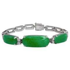 Retro 18 Karat White Gold Cabochon Cut Green Jade Diamond Chain Bracelet