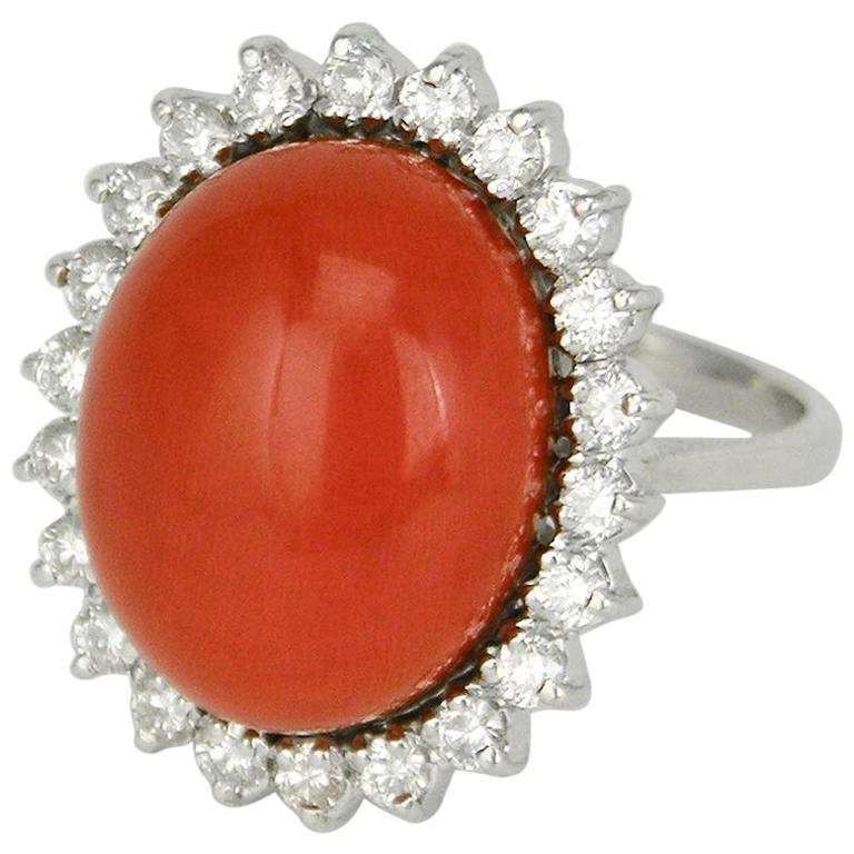Vintage 18 Karat White Gold Coral and Diamond Oval Cluster Ring, 1970s For Sale