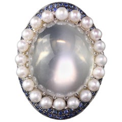 Vintage 18 Karat White Gold Diamond, Sapphire, Pearl, and Moonstone Ring