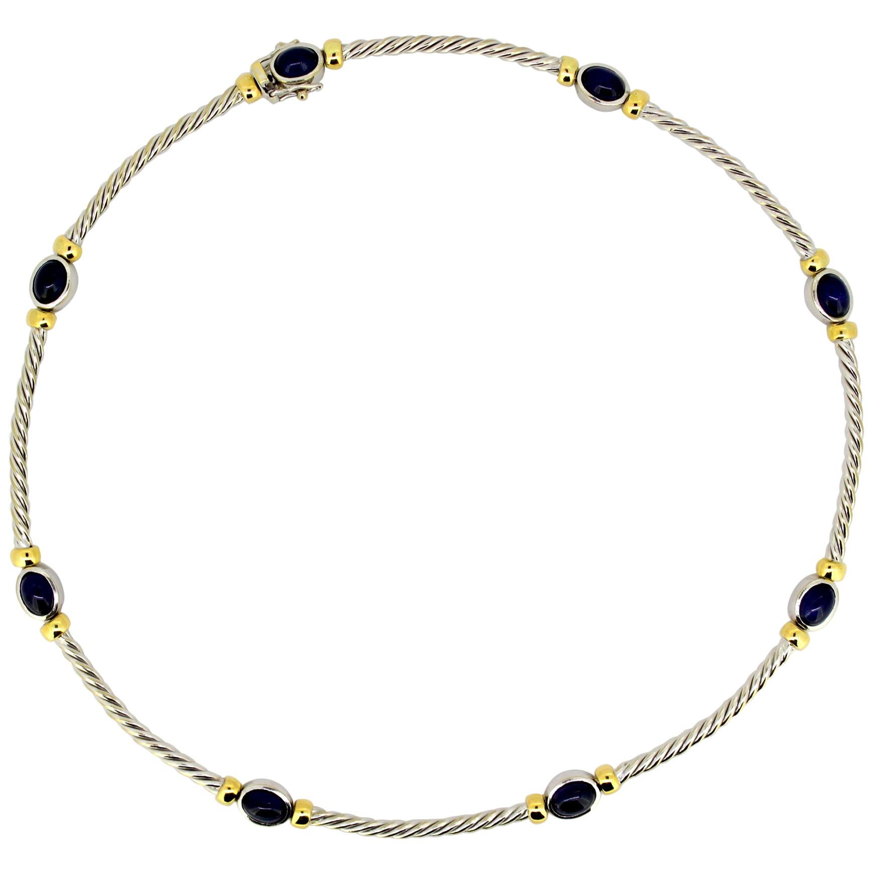 Vintage 18 Karat White Gold Ladies Necklace with Cabochon Blue Sapphires