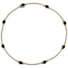 Vintage 18 Karat White Gold Ladies Necklace with Cabochon Blue Sapphires