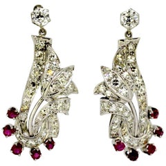 Vintage 18 Karat White Gold Ladies Stud Earrings with Diamonds and Rubies Vintage 18 Karat White Gold Ladies Stud Earrings with Diamonds and Rubies