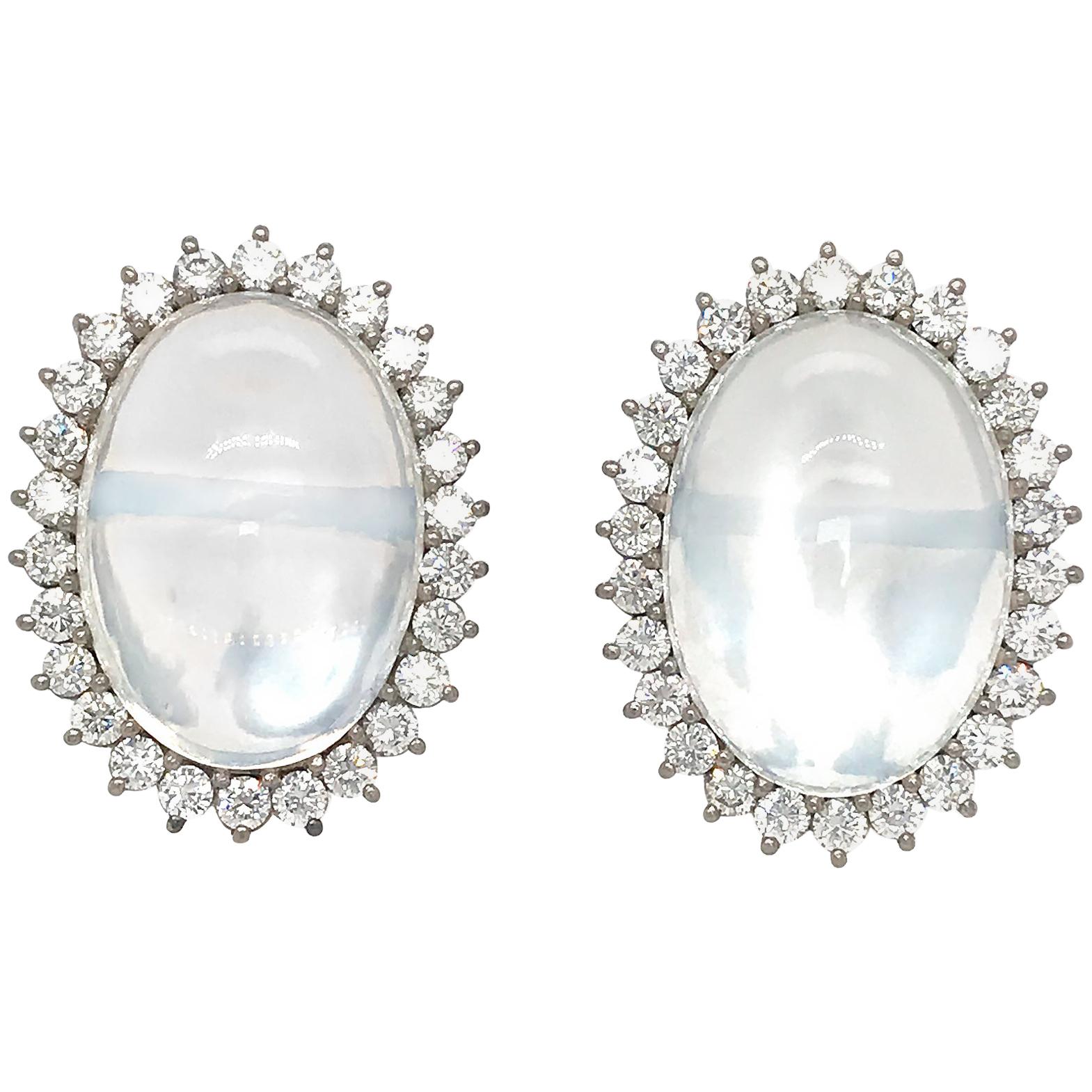 Vintage 18 Karat White Gold Moonstone and Diamond Earrings