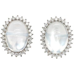 Vintage 18 Karat White Gold Moonstone and Diamond Earrings