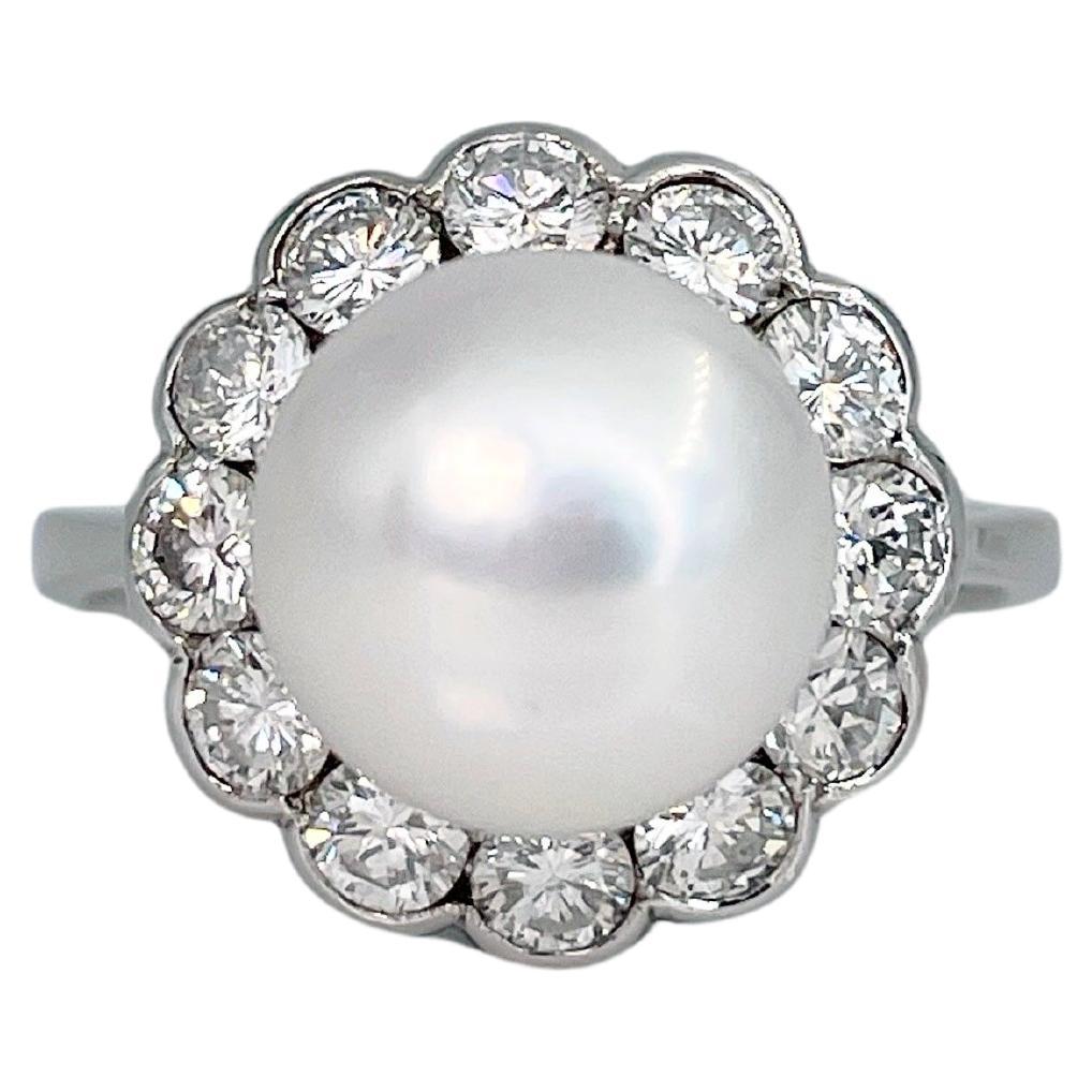 Vintage 18 Karat White Gold Pearl 1.00 Carat Diamond Cluster Ring For Sale