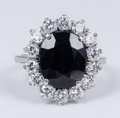 18 Karat White Gold, Sapphire and 1 Carat Round Diamond Cluster Ring, 1960s