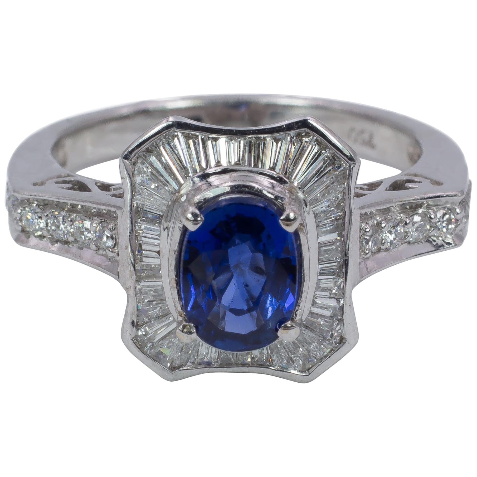 Vintage 18 Karat White Gold, Sapphire and Diamond Ring, 1950s For Sale