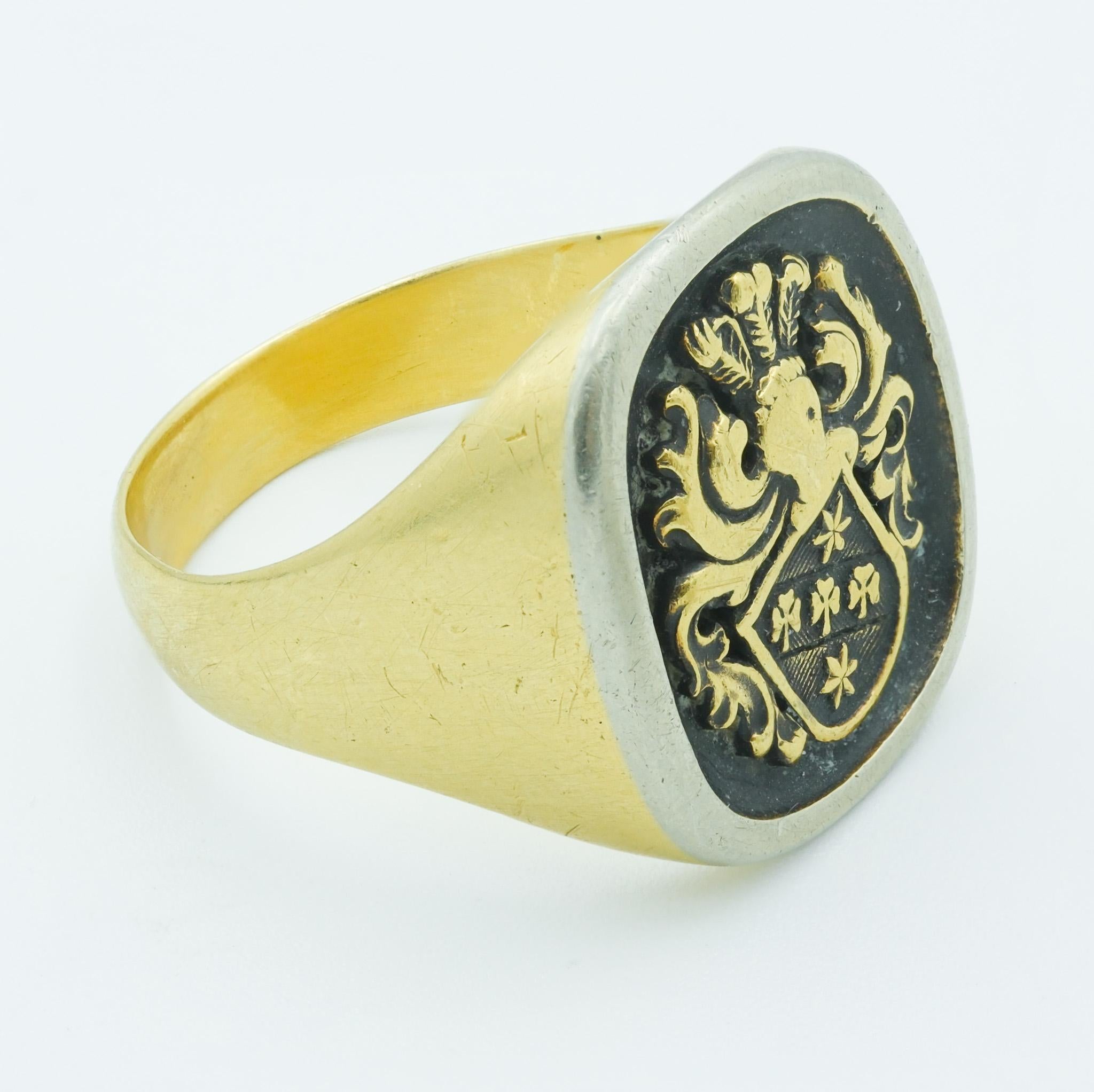 Men's  Vintage 18 Karat Yellow and Silver Accent Family House Crest Signet Ring For Sale