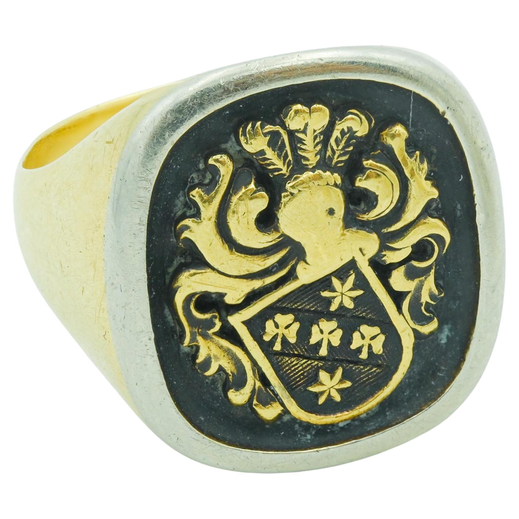  Vintage 18 Karat Yellow and Silver Accent Family House Crest Signet Ring For Sale