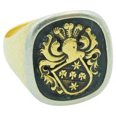  Vintage 18 Karat Yellow and Silver Accent Family House Crest Signet Ring